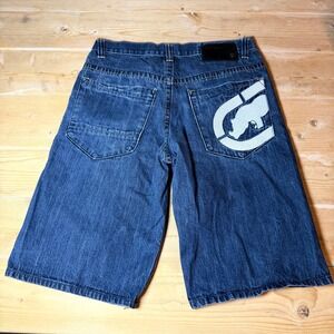Ecko Unltd Mens Baggy Denim Shorts Dark Wash Rhino Logo Y2K Jorts W32 Vintage